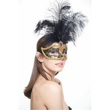 KAYSO Black  Gold Carnival Venetian Masquerade Mask with Black Feathers One Size FM011BKGD
